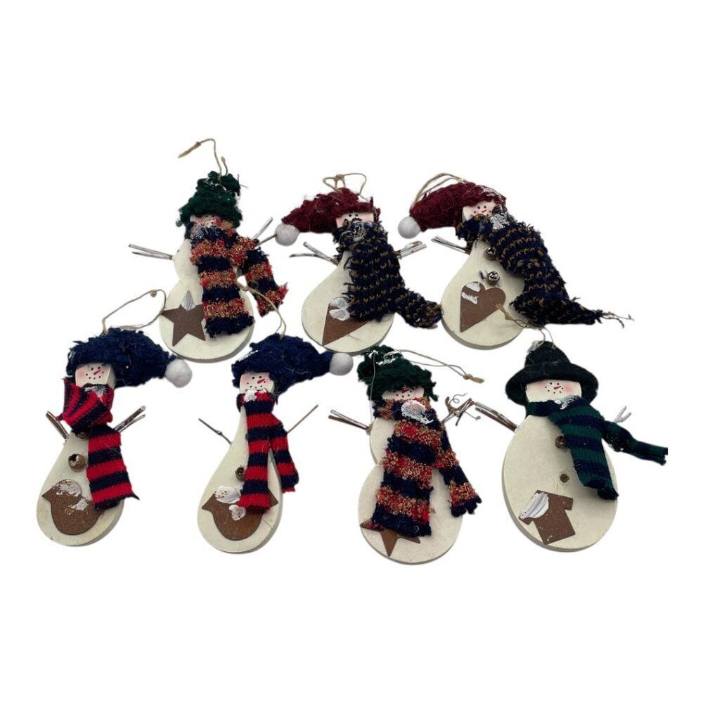 Set of 7 Handmade Wooden Snowman Ornaments 4" Primitive Rustic Christmas Decor